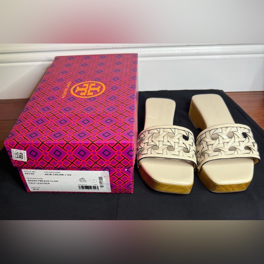 Tory Burch Cream Basketweave clogs